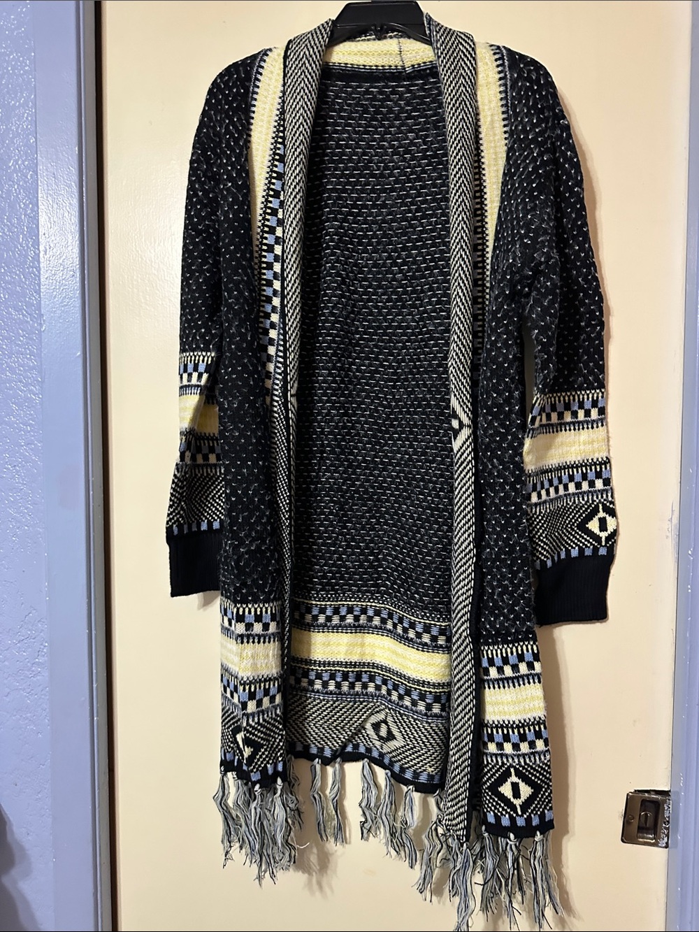 Black and Cream Open-Front Fringe Cardigan Sweater